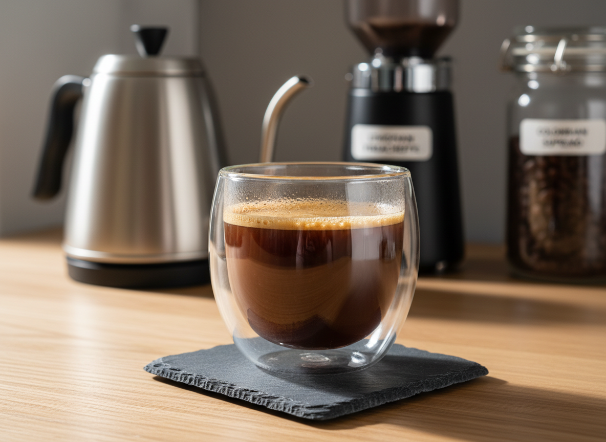 A pristine double-walled glass mug filled with freshly brewed medium-roast coffee, its surface showing delicate microbubbles and thin crema, resting on a matte charcoal slate coaster. The mug is centered on a light oak table with subtle grain, near an unfocused background of neatly arranged coffee gear: a stainless steel kettle, a burr grinder, and labeled jars of beans. Soft morning window light from the left creates gentle highlights on the glass and rim lighting on the mug’s edges, with a calm and inviting mood. Photographic realism, shot at eye level with a shallow depth of field and clean, modern composition, perfect for a professional coffee review blog hero image.