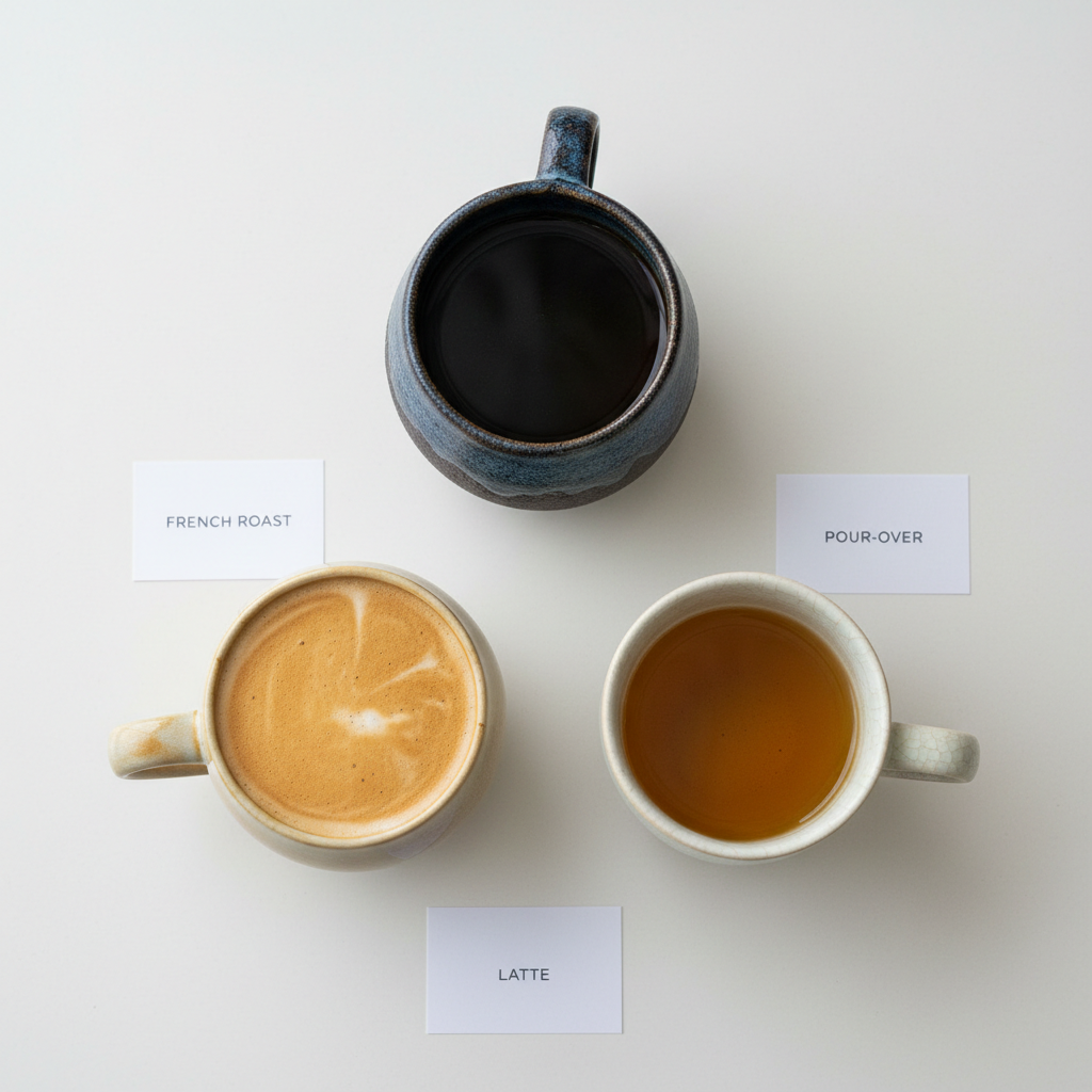 A close-up, overhead view of three contrasting coffee cups arranged in a precise triangle on a white matte tabletop: one containing inky dark French roast, one a smooth caramel-colored latte, and one a pale, lightly brewed pour-over. Each sits in a slightly different style of refined ceramic cup, showing subtle glaze variations and tiny imperfections. Beside each cup lies a small, labeled tasting card with clean typography. Soft diffused daylight from above eliminates harsh shadows, creating a balanced, analytical mood. Photographic realism with sharp focus across the entire frame, minimalist aesthetic, ideal for illustrating comparative taste tests on a professional coffee blog.