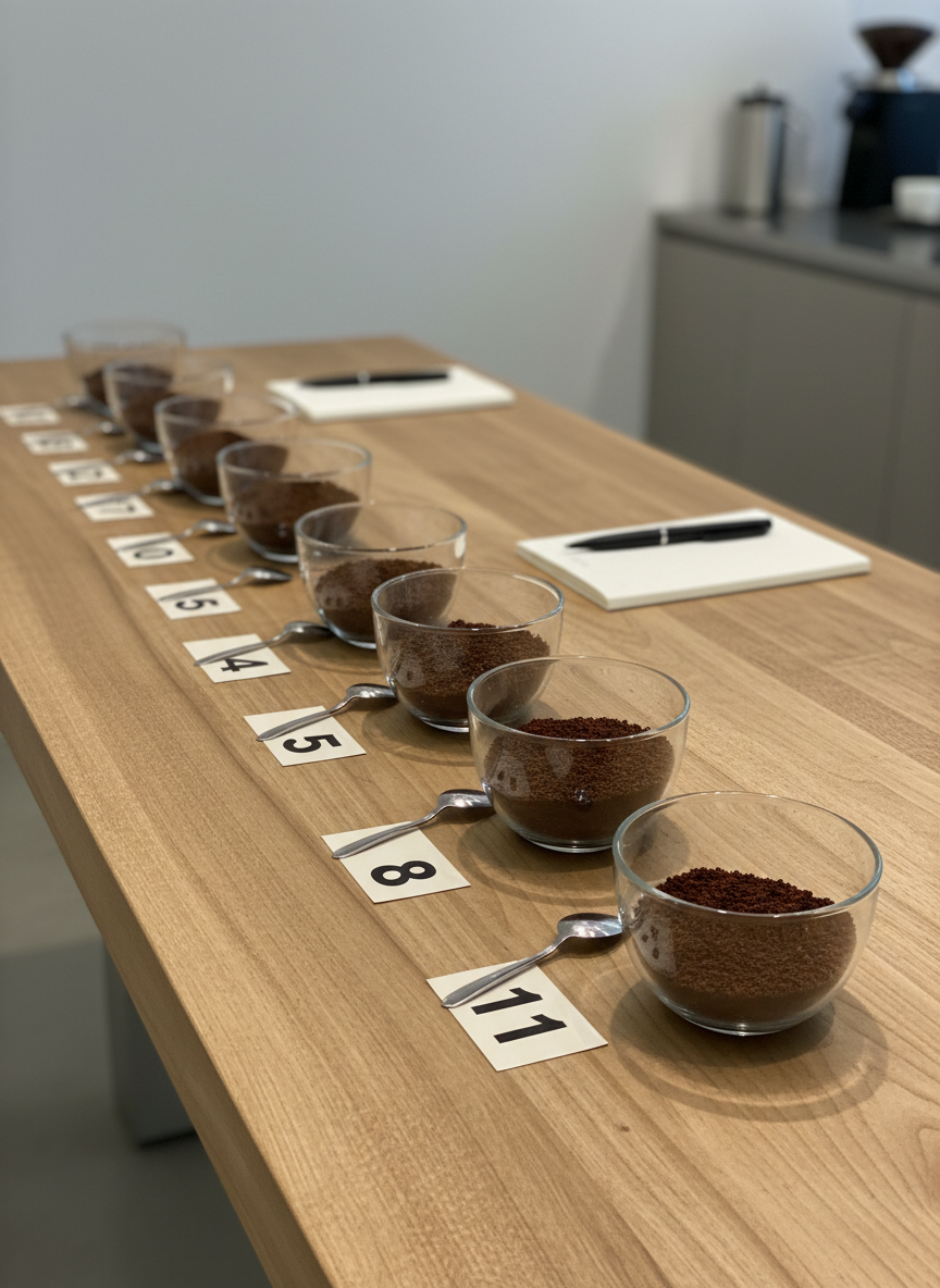 A meticulously arranged cupping setup on a long, natural wood table: a neat row of identical clear glass cupping bowls filled with freshly ground coffee, each with a small stainless steel spoon resting beside it. Numbered tags sit in front of every bowl, with a slim notebook and a high-quality black pen placed at the end of the row. Overhead, soft studio lighting creates even illumination with subtle, controlled shadows, emphasizing textures of the grounds and reflections in the glass. Captured from a slightly elevated side angle with moderate depth of field, background softly blurred to keep focus on the process. The atmosphere is precise, professional, and methodical, in clean photographic realism for a serious coffee testing article.